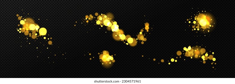 Realistic set of blurred yellow lights sparkling on black background. Vector illustration of abstract festive garland, magic shimmering dust, fantasy fireflies at night. Banner design elements