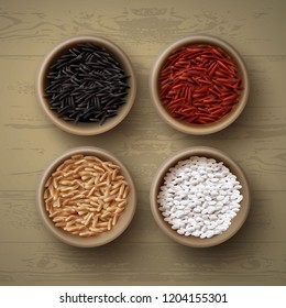 Realistic set of bowls with different varieties of rice: red, brown, white and black or wild rice. Vector illustration isolated on wooden background, top view