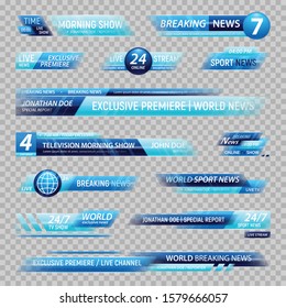 Realistic set of breaking news bar templates for tv channel isolated on transparent background vector illustration