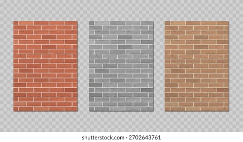 Conjunto realista de texturas de parede de tijolos em vermelho, cinza e marrom. Coleção de plano de fundo de padrão de parede de bloco. Ilustração vetorial