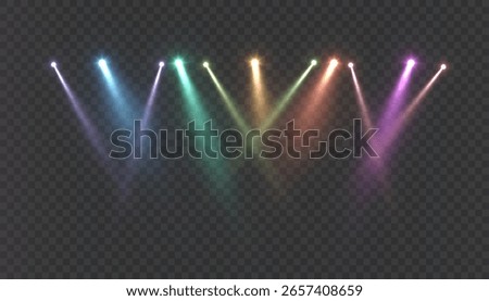 Realistic set of bright multi-colored spotlights on a dark background. Lighting effect for concert posters, show backdrops, theater productions and digital presentations.