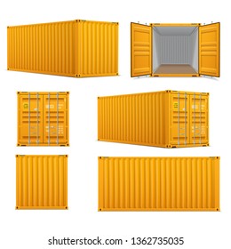 Realistic set of bright yellow  cargo containers.   Front, side back and perspective view.  Open and closed. Delivery, transportation, shipping freight transportation.