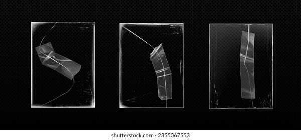 Realistic set of broken glass with adhesive tape on cracks isolated on transparent background. Vector illustration of damaged window or mirror, repaired gadget screen, old white scratches on edges