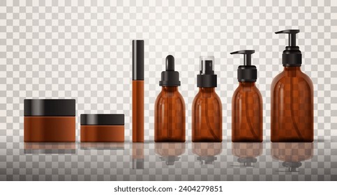 Realistic set of brown cosmetic bottles without label on transparent background. Glass mockup bottles and jar for shampoo, gel, soap, cream. 3D Vector Illustration