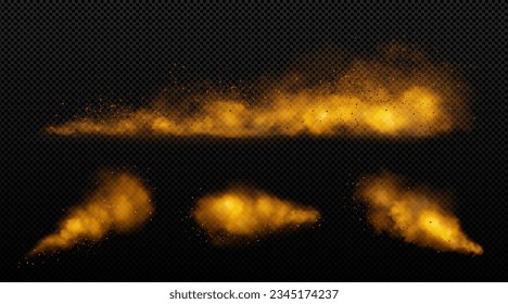 Realistic set of brown powder clouds on transparent background. Vector illustration of cinnamon flavor explosion, coffee aroma splash, dust burst with particles flying in air, desert sandstorm effect