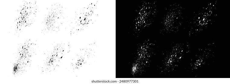 Realistic set of brush stroke illustration blood splatter and black and white vector ink grunge brush stroke background. Grunge vector blood drop and black and white splatter brush frame banner