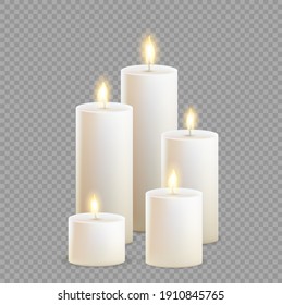 Realistic Set of burning candles. Composition with decorative round cylindric candle  with burning flames on transparent background.  Realistic Vector Illustration