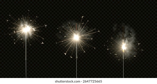 Realistic set of burning sparklers with sparks and smoke effect. For holiday, party, festivals. Bright firecracker, firework. Isolated transparent black background. Vector illustration.