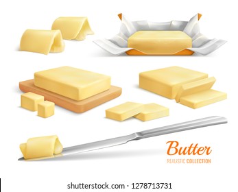 Realistic set of butter slices sticks and rolls isolated on white background vector illustration