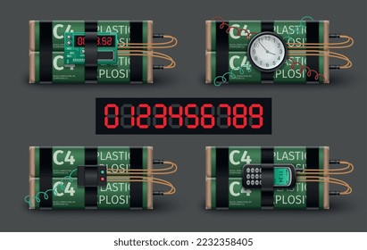 Realistic set of c4 plastic explosive bombs with digital and clock timers isolated on grey background vector illustration