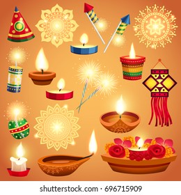 Realistic set of candles fireworks and decorations for diwali holiday isolated vector illustration