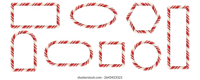 Realistic set of candy cane style frames. Includes round, square, oval borders with red and white stripes. Designed as 3D striped elements for cards, banners, or photo templates. Vector illustration.