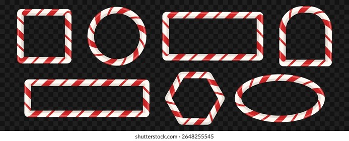 Realistic set of candy cane style frames. Round, square, and oval borders with red and white stripes. Striped elements for cards, banners, or photo templates. Vector illustration on a black background