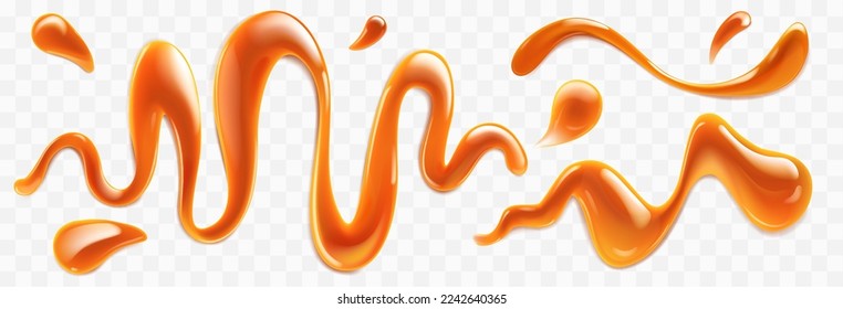 Realistic set of caramel drops and stains png isolated on transparent background. Vector illustration of sweet sauce, maple syrup or glossy brown paint drips, swirls, waves on surface. Dessert topping