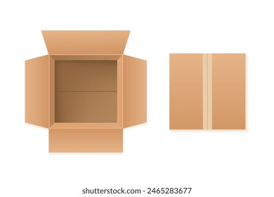 Realistic set of cardboard boxes, open and closed top view. Blank packaging model for packaged product, gift, surprise. Top view. Vector illustration