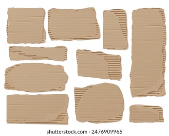 Realistic set of cardboard scraps. Various shapes of torn cardboard with textured edges are ideal for mockups and design projects on an isolated background.