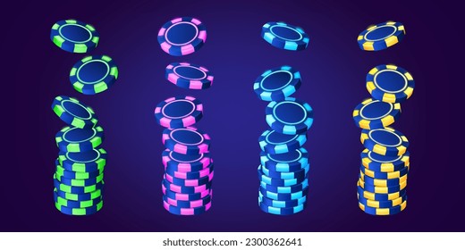 Realistic set of casino chip stacks isolated on background. Vector illustration of neon green, pink, blue, yellow color tokens falling on piles. Symbol of winning online betting game, gambling icons