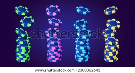 Realistic set of casino chip stacks isolated on background. Vector illustration of neon green, pink, blue, yellow color tokens falling on piles. Symbol of winning online betting game, gambling icons