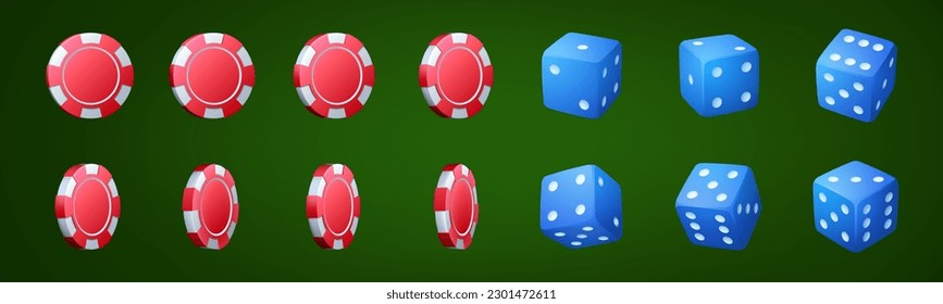 Realistic set of casino chips and dice isolated on green background. Vector illustration of red gaming tokens and blue cubes with game points turning around, animation spread sheet, ui design elements