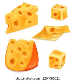 Realistic set of cheese pieces with holes. Vector illustration