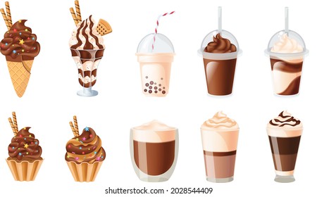 Conjunto realista de postres y bebidas con chocolate Pastel de tarta, batidos, chocolate caliente con helado, café. ilustraciones vectoriales