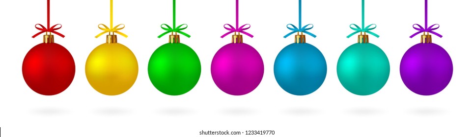 Realistic set Christmas ball with ribbon and bow. Red, yellow green, and others with the ability to simply and bistro will change color. On white background - stock vector.