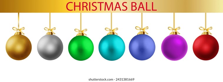 Realistic set Christmas ball with ribbon and bow. eautiful baubles with bow.	
