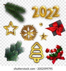 Realistic set of Christmas elements. 3d signs of the new year. Render of golden numbers 2022, stars, snowflakes. Natural Christmas tree branches and gift.