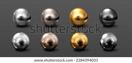 Realistic set of chrome balls isolated on transparent background. Silver, golden, bronze, platinum metal 3D spheres with shadow and light reflection on shiny surface. Jewelry bead. Design element