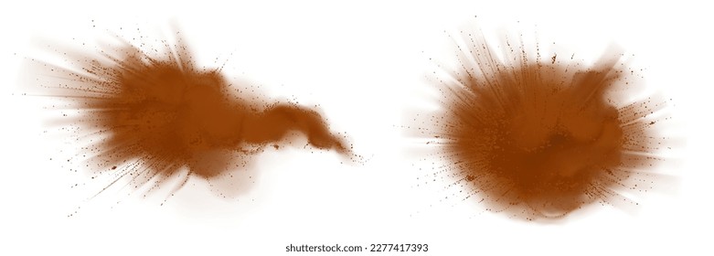 Realistic set of cinnamon powder clouds isolated on white background. Vector illustration of dry brown dust burst in air, fragrant condiment sprinkled, explosion of aromatic flavor. Cooking ingredient