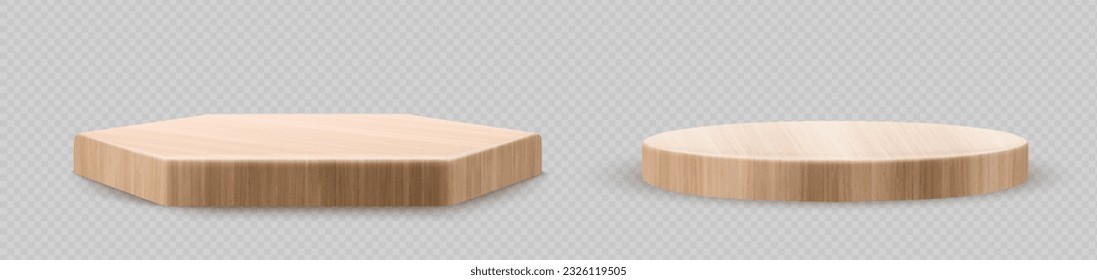 Realistic set of circle, hexagon wooden boards isolated on transparent background. Vector illustration of natural oak, pine, poplar geometric wood platform angle view. Podium for product show