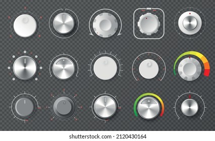 Conjunto realista de botones reguladores metálicos brillantes en círculo para ajuste de nivel en ilustración vectorial aislada de fondo transparente