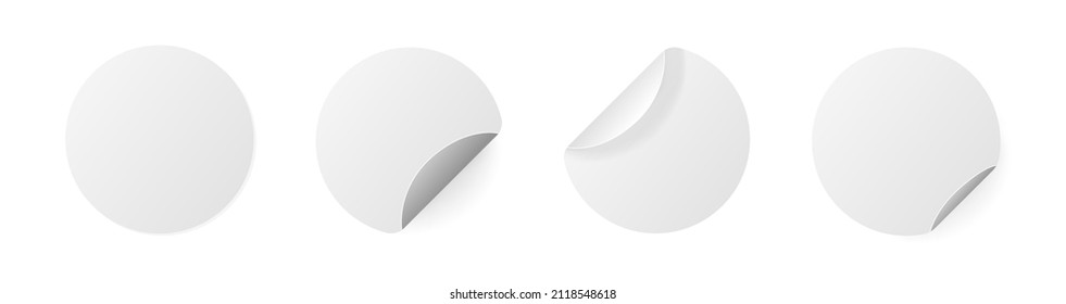 Realistic set circle white stickers with curved corner. Round paper adhesive stickers mockup collection. White sticker set