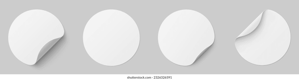 Realistic set circle white stickers with curved corner. Round paper adhesive stickers mockup collection. Circle adhesive with shadow - stock vector.