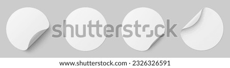 Realistic set circle white stickers with curved corner. Round paper adhesive stickers mockup collection. Circle adhesive with shadow - stock vector.