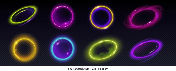 Conjunto realista de efectos de bengala circular aislados en un fondo transparente. Ilustración vectorial de portales cósmicos futuristas, anillos de neón que brillan con partículas brillantes y humo, halo espacial