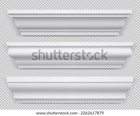 Realistic set of classic white baseboard molding png isolated on transparent background. Vector illustration of decorative skirting boards made of wood or gypsum for ceiling, floor and wall design