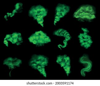 Realistic set with clouds of green stinky chemical smoke fog steam isolated on black background vector illustration