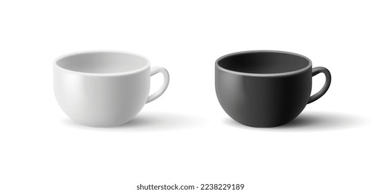 Realistic set of coffee and tea cups on white background.
