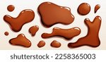 Realistic set of cola or coffee puddles isolated on transparent background. Vector illustration of brown liquid substance, drink, oil, black soy sauce stains and blobs with bubbles spilled on surface