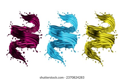 Realistic set collection 3D crear pink blue yellow water spriral dynamic on white background vector illustration.