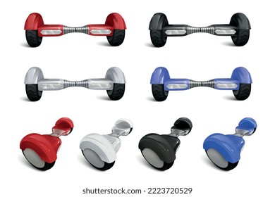 Conjunto realista con colección de scooters de autoequilibrio similares de distintos colores de diferentes ángulos ilustraciones vectoriales