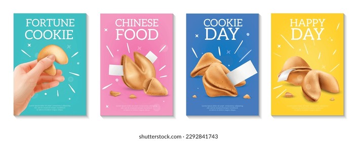 Conjunto realista de afiches verticales de fondo de color con galletas de la fortuna de vainilla chinas ilustración vectorial aislada