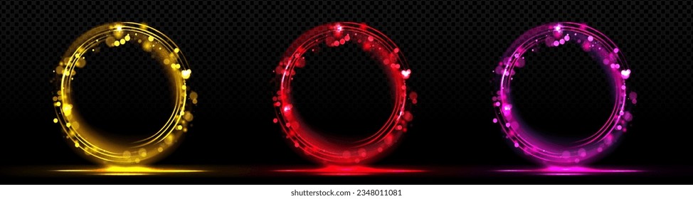 Realistische Farbkreise mit magischem Fackeleffekt einzeln auf transparentem Hintergrund. Vektorgrafik von goldenen, roten, rosafarbenen Ringen mit abstrakten, schimmernden Funkeln. Spielavatar-Rahmen