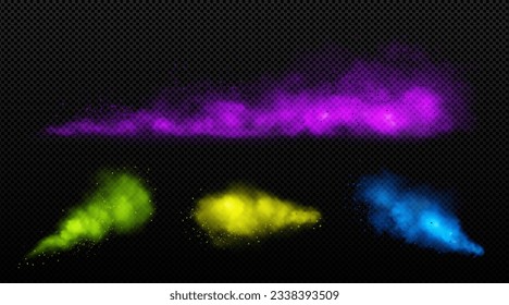 Realistic set of color powder clouds on transparent background. Vector illustration of purple, green, yellow, blue paint splash in air, holi fest colorful dust splatters, spray texture, vivid mist