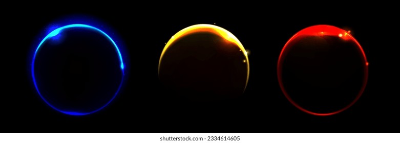 Realistic set of color solar eclipse effects isolated on black background. Vector illustration of neon blue, yellow, red arch and circular lines glaring on night sky. Dark planet with blazing edge