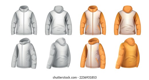 Realistic set of color winter jacket mockup front and back views isolated vector illustration