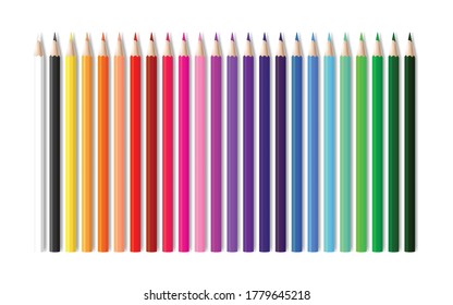 Conjunto realista de lápices de colores. Colección de lápices de todos los colores del arcoiris. Ilustración vectorial aislada en un fondo blanco.