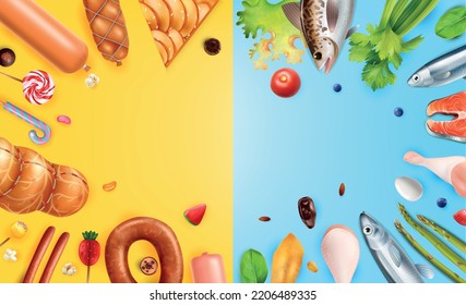 Realistic set of colorful backgrounds with gradient space surrounded by images of healthy and unhealthy food vector illustration