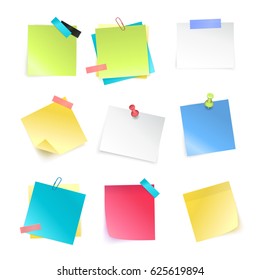 Realistic set of colorful blank sticky notes with pushpins and paperclips isolated on white background vector illustration